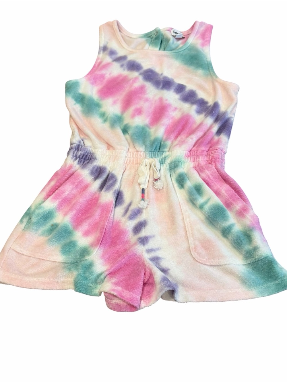 Splendid, Sleeveless Tie-Dye Terrycloth Romper in Pink, Teal & Purple, Size 10